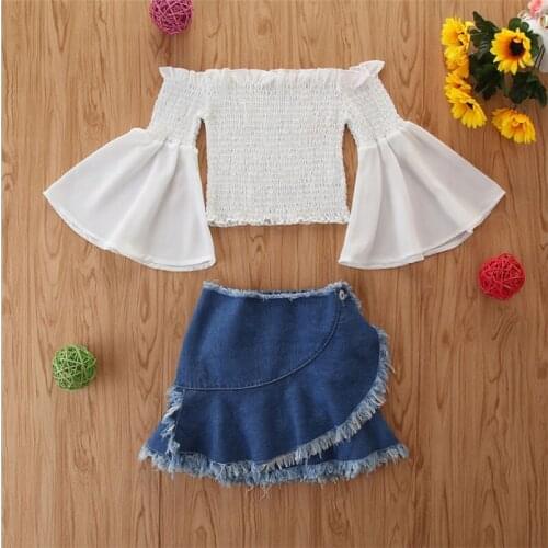 1-6T Baby Kids Girls Clothes Set 2020 Summer White Flare Sleeve Top Short Denim Skirt 2pcs Toddler Girl Clothes Outfit Suit