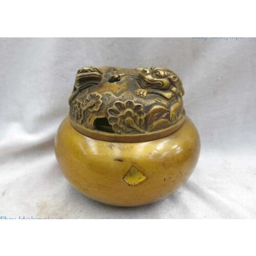 Fine brass censer China carved copper two tiger beautiful incense burner Statue