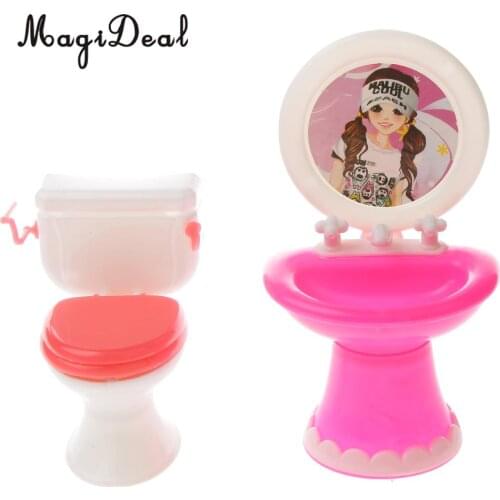 Dolls Mini Bathroom Set Plastic Toilet Washbasin for Dolls Dollhouse Miniature Furniture Accs Decor Children Pretend Play Toys