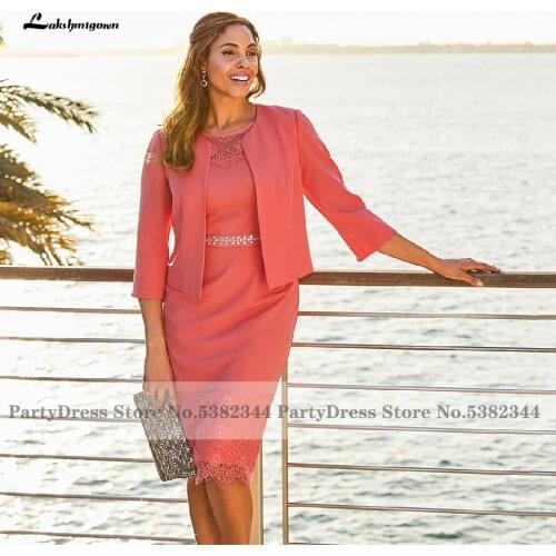 Lakshmigown Vintage Coral Lace Satin Mother of the Bridal Dress for Weddings 2020 Elegant Women Evening Party Dress with Jacket