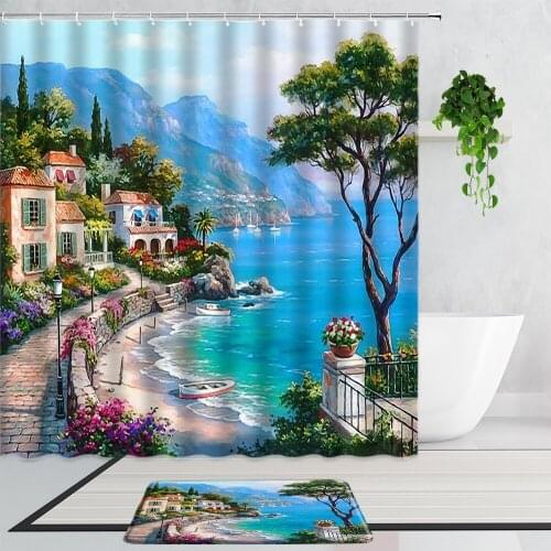 Mediterranean Oil Painting Landscape Shower Curtains Beautiful Coast Flowers Pastoral Bathroom Curtain Set Non-Slip Carpet Mat