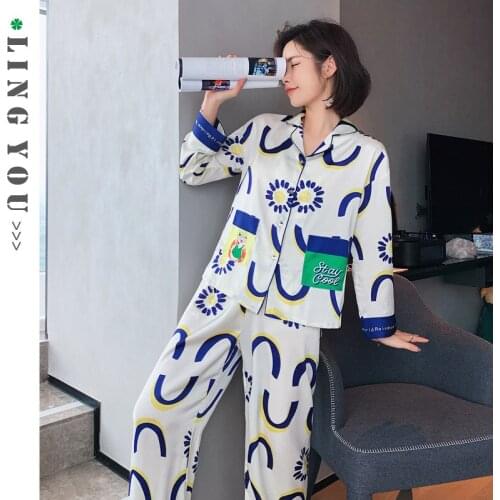 2020 Autumn New Style Pajamas Womens Comfortable Korean-style Cardigan Artificial Silk Set Silk Thin Large Size Home Services