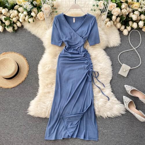ZQLZ Solid Color V-neck Split Ruched Sexy Summer Dress High Waist Short Sleeve Folds Ladies Dresses Fashion Party Midi Vestidos