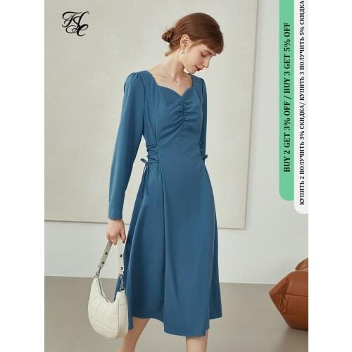 FANSILANEN Solid Dress Women French Square Collar Dress Long Sleeve Temperament Dress Tie Waist Long Skirt 2021 Early Autumn