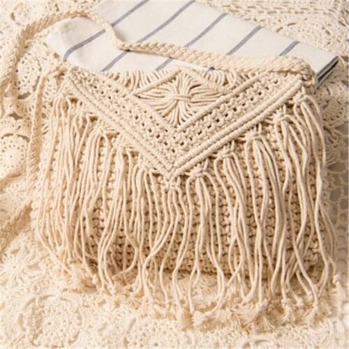 Handmade Woven Knitted Tassel Vintage Square Cotton Straw Bags Female Fashion Shoulder Beach Summer Handbags for Women