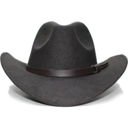 Big Large Plus Size Vintage Women Men Wool Wide Brim Cowboy Western Hat Cowgirl Funeral Formal Bowler Cap Leather Band (61cm)