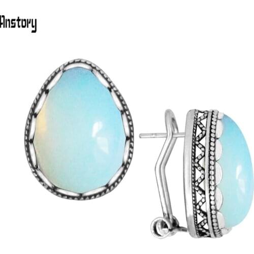 Vintage Water Drop Opal Stud Earrings For Women Stainless Steel Pin Stud Antique Silver Plated Fashion Jewelry