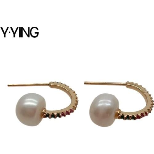 Y·YING natural Cultured White Pearl Multi Color Cubic Zirconia Pave Flower Stud Earrings office style for women