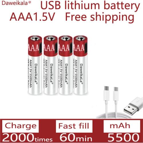 Charger free large capacity 1.5V AAA 5500mah USB rechargeable lithium ion battery for remote control wireless mouse + cable