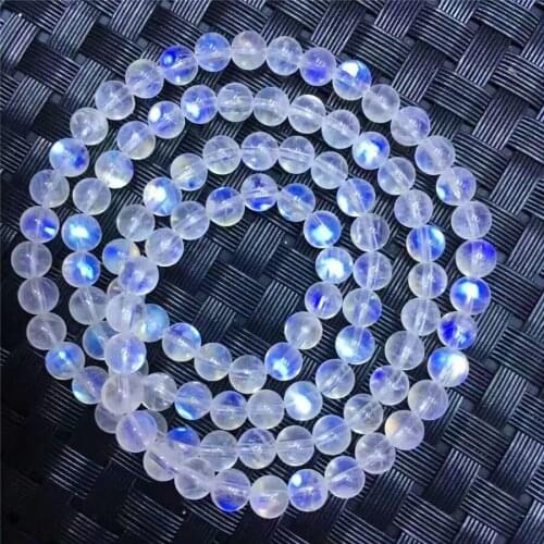 5.5mm Genuine Blue Lights Natural Moonstone Bracelets Women Female Stretch Three Laps Crystal Round Bead Bracelet