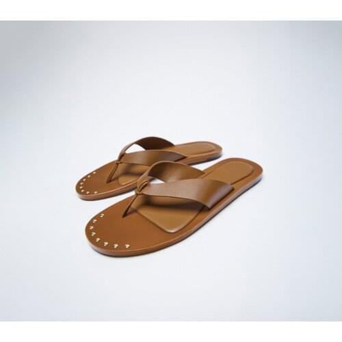 2021 Summer Flip Flops Flat Beach Sandals Women Brown Pig Split Genuine Leather Slides Flats Slippers Sandalias Mujer Outside