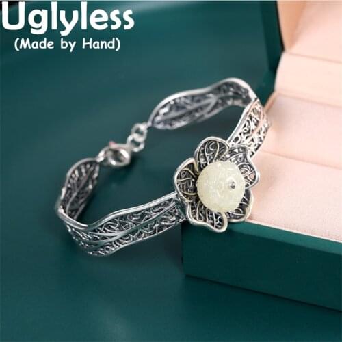 Uglyless Antique Vintage Thai Silver Hollow Bracelets for Women Natural Jade Lotus Open Bangles 925 Silver Floral Jewelry BR326