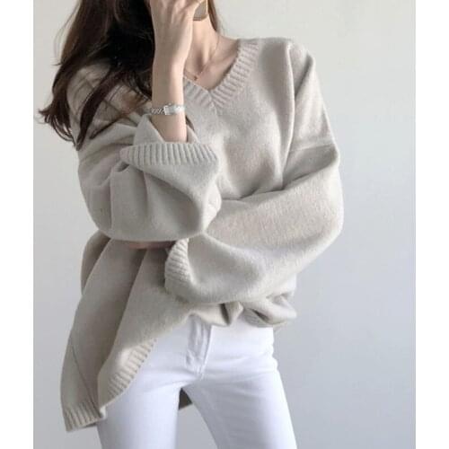 2020 Autumn Winter Women V-Neck Korean Style Sweaters Pullovers Casual Simple Plus Size Loose Solid Ladies Knitted Jumpers M378