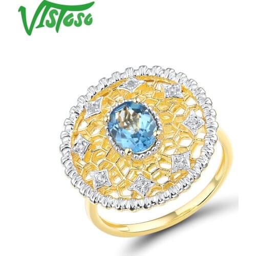 VISTOSO Pure 14K 585 Yellow Gold Ring For Women Blue Topaz Diamond Hollow Big Round Ring Wedding Engagement Gift Fine Jewelry