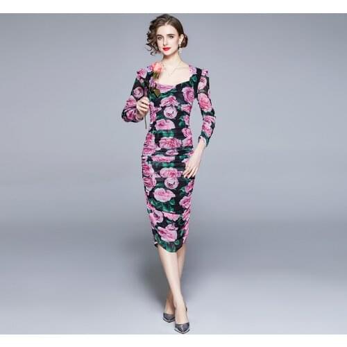 JSXDHK Elegant Women Elastic Mesh Rose Printed Sheath Dress Runway Spring Flower Square Collar Slim Bodycon Pencil Midi Vestidos