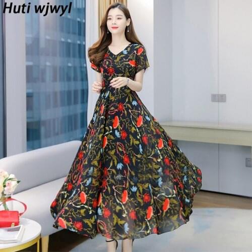 4XL Plus Size Summer Bodycon Party Vestidos 2021 Elegant Floral Chiffon Beach Boho Sundress Vintage Women Vacation Maxi Dresses