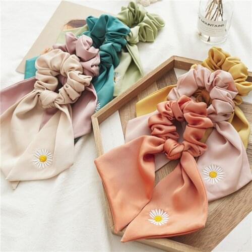 10PC Solid High quality Satin Scrunchies Wide Streamer with sunflower Hair Ponytail Holder Tie Elastic Hair Bands wholesale