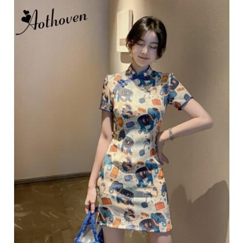 2019 Summer Flower Print Vintage Cheongsam Dress Women Short Sleeve Mandarin Collar Slim Elegant Dresses Bodycon Party Dress