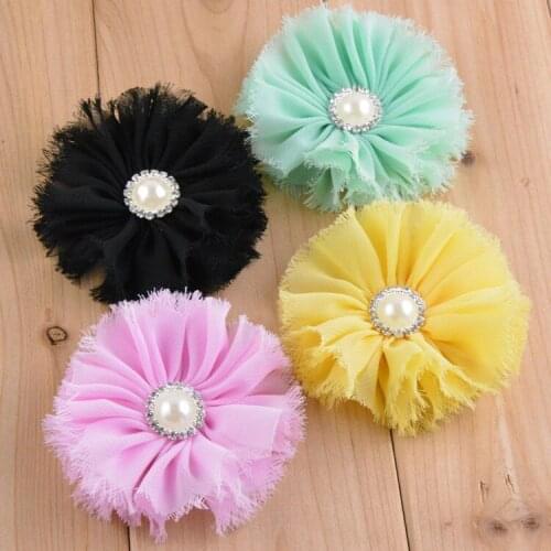 50pcs/lot Shabby chiffon headband flowers clear acrylic rhinestone buttons Flat Back (20 colors available) free shipping FH07