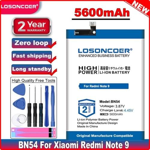 LOSONCOER Good Quality Battery 5600mAh BN54 Battery for Xiaomi Redmi Note 9 Note9