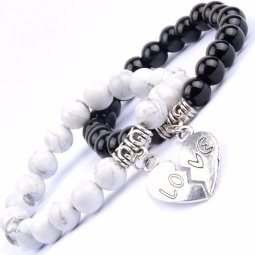 Lover Bracelets For Couples Natural Stone White Howlite & Black Agates Beads Bracelets His and Hers Bangles Jewelry Dropshipping