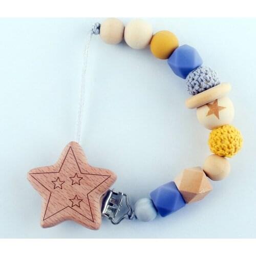 Wooden Animal Pacifier Clips Holder Chain Handmade Silicone Pacifier Chains Five Star Flower Baby Teether Teething Chain