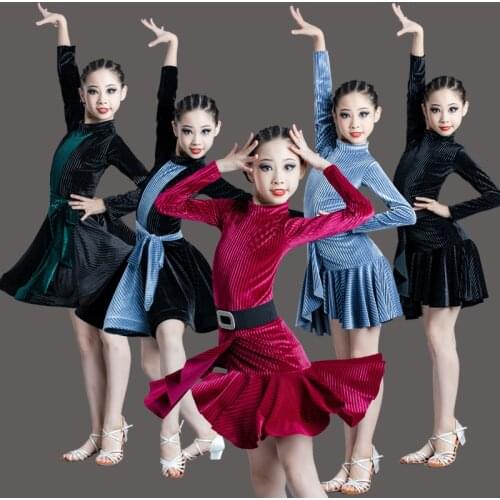 Children Latin Dance Dress Autumn Winter Long Sleeve Training Clothes Girls Professional Competition Examination Dance Dress