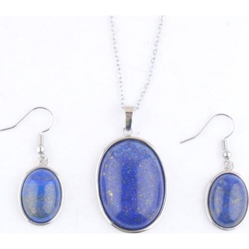 2 Sets Pendants Dangle Earrings Necklace Jewelry Set Oval Natural Stone Lapis Lazuli Bead Reiki Jewelry Chain 45cm QQ3110