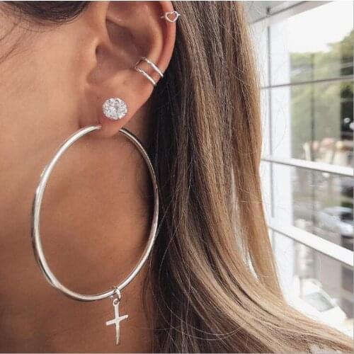 Korean Fashion Jewelry Minimalist Silver Color Big Hoop Earrings With Cross Pendant Womens Vintage Cross Charm Hoops Earring