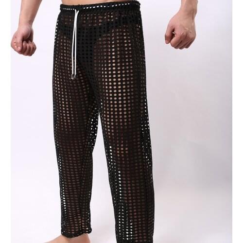 Fashion Grid Fishnet Men Sexy See Through Lounge Pants Gay Male Funny Sheer Long Pajama Bottoms Comfortable Sleep Bottoms