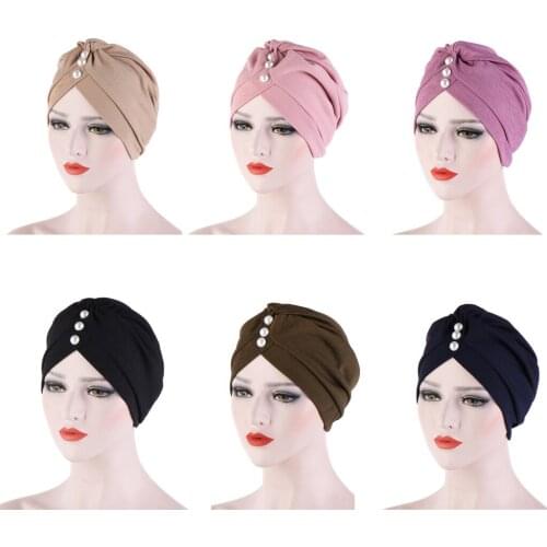 Muslim Indian hat Women Elastic Bamboo Hemp Forehead Pleated Turban Hijab Islamic Chemo Cap Ladies Head Wrap Head Scarf 6Color