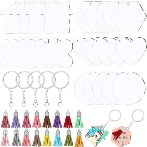 60Pcs/Lot Acrylic Clear Discs Keychain Set Heart Acrylic Key Chain Blank Leather Tassel Pendant Kits for DIY Jewelry Making