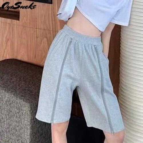 Oyasnake Summer Sports Shorts 2021 Hot Womens Ladies Elastic Waist Pocket Zipper Split Solid Casual Loose Mid Length Pants