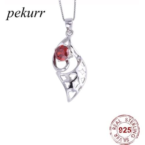 Pekurr 925 Sterling Silver Ruby Hollow Heart Star Leaf Necklaces For Women Geometry Pendants Chain Fashion Jewelry