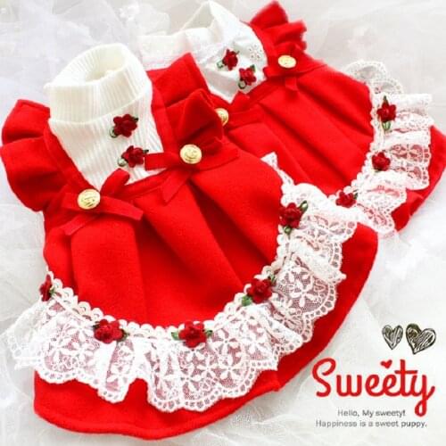 Free Shipping ZLOVEPET Handmade Luxurious Dog Dress Clothes Red Rose Woolen And Linens Lace Moppet Skirt For Pet Cat 2 Fabric