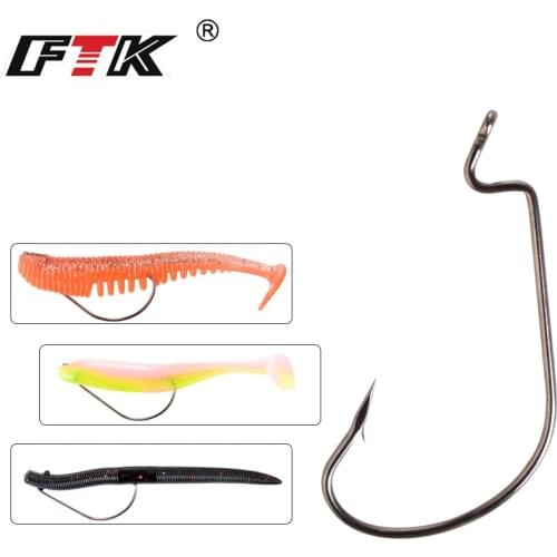 FTK Lure Fishing Hook Soft Worm Lure 6pcs/pack 5/0#-4# Bass Barbed Carbon Steel Wide Crank Offset Fishhook Carp Fishing Hooks