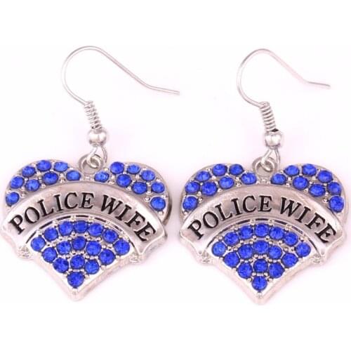 POLICE WIFE Crystal Adorned Heart Shaped Pendant French Hook Earrings Commemoration Day Jewelry