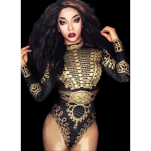 Party Celebrate Glisten Rhinestones Costume Stage Leotard Wear Shining Gold Black Crystals Bodysuit Nigthclub Performance Outfit