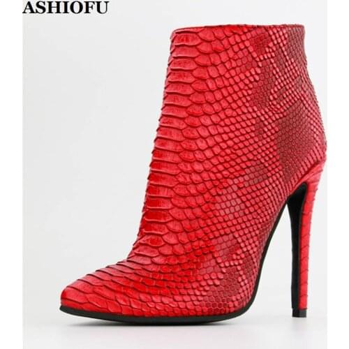 ASHIOFU New Handmade Ladies High Heel Boots Faux-fishskins Style Party Prom Ankle Boots Real-photos Evening Fashion Short Boots