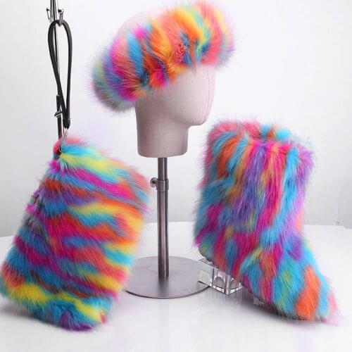 SWONCO Furry Boots Winter Shoes Women Snow Boots With Bag Headband 2019 New Luxury Fur Winter Boots For Women High Boot Fur Shoe
