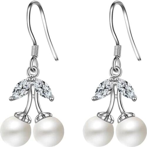 925 Sterling Silver Sweet Cherry Shaped Drop Earrings For Women Pearl Zircon Dangle Earrings Jewelry Wholesale S-E510