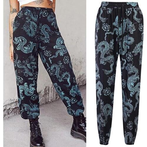 Hot Sales Women Dragon Print High Waist Drawstring Wide Leg Loose Long Pants Streetwear for Sports