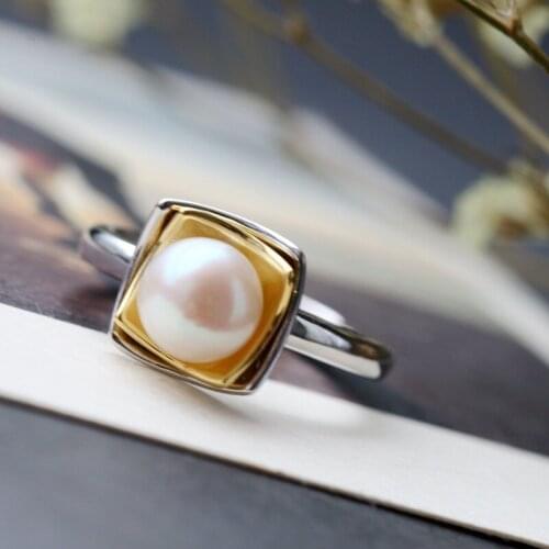 Wholesale 925 sterling silver with natural pearl ring opening female contracted fashion silver mustard