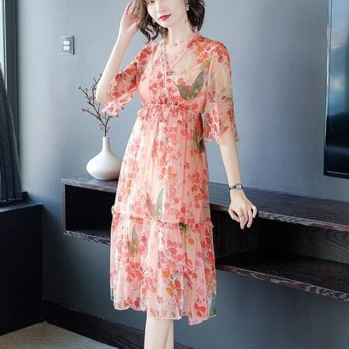Dress Summer Women Elegant Real Silk Dresses Ladies Vintage Beach Evening Party Dresses Korean Long Floral Vestidos 559955288