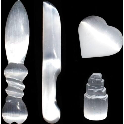 1 Pcs hand made natural selenite crystal knife white gypsum stone heart and tower