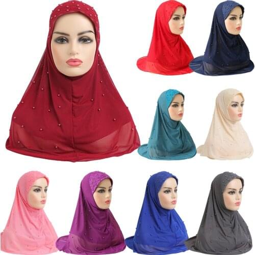 Beads Hijab Muslim Women Head Wrap One Piece Amira Instant Scarf Headwear Turban Mesh Hijabs Shawl Pull On Ready Made To Wear