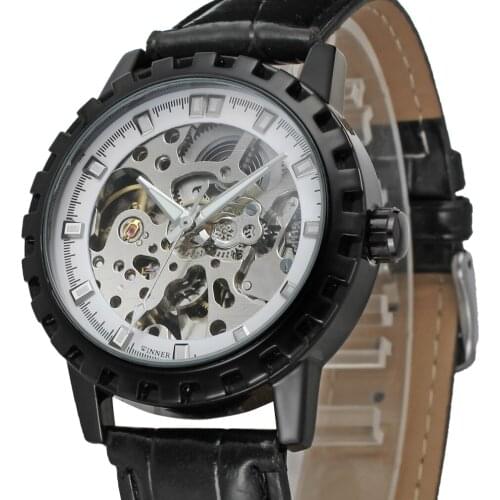 2019 Fashion Winner Top Brand Vintage Black Genuine leather Men Sports Clock Mechanical Skeleton Clock For Gift Wrist Watches