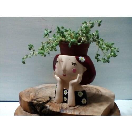 FLOWERPOT Brown-Black Papatyalı Red-Haired Sukulent Girl Painted Spring Home Garden Decor Modern Beautiful