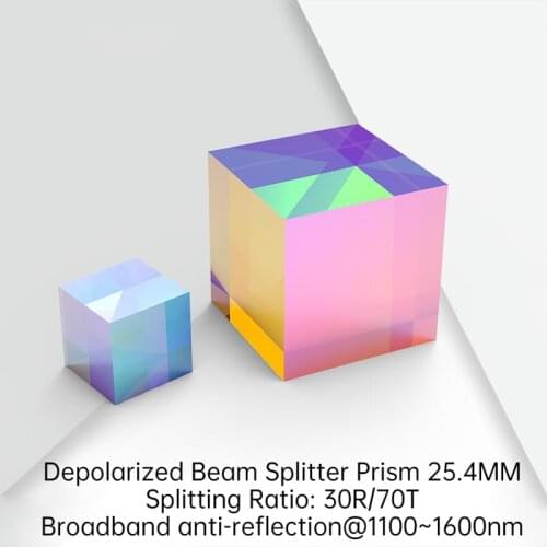 Depolarized Beam Splitter Prism Optical Dichroic Prism K9 Cube 25.4MM Split Ratio 30R/70T Optical Coating Beam Splitter Prism