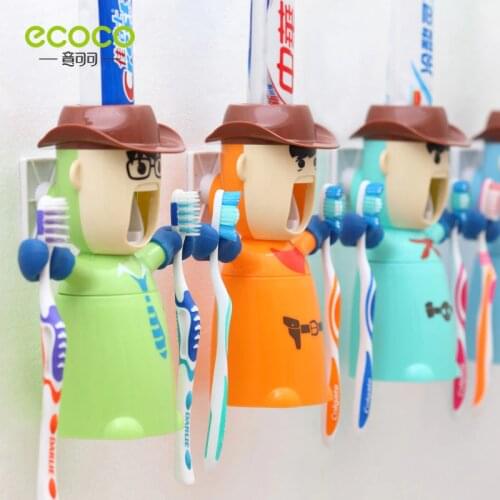 ECOCO Tooth Brush Holder Automatic Toothpaste Dispenser Holder Toothbrush Wall Mount Rack Bathroom Tools Set for Boy Kids